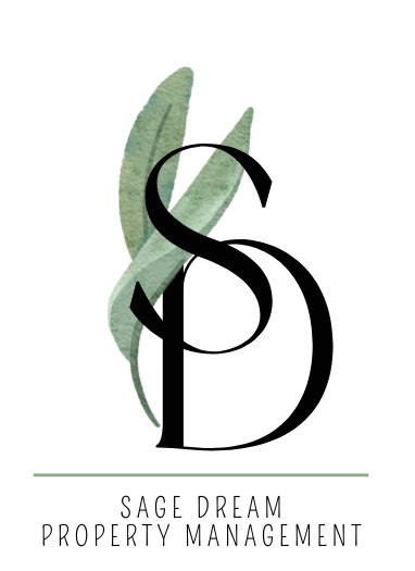 Logo of sage dream property management featuring an intertwined 's' and 'd' with a stylized plant element in the background.