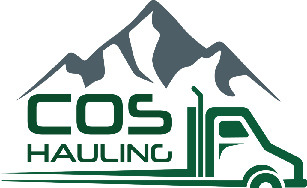 Logo for COS Hauling featuring a stylized mountain in the background and a green truck silhouette next to the text "COS Hauling.