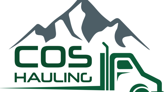 Logo for COS Hauling featuring a stylized mountain in the background and a green truck silhouette next to the text "COS Hauling.