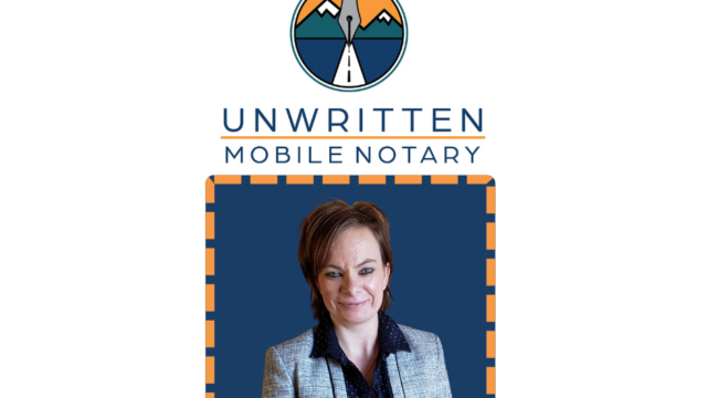 Logo for Unwritten Mobile Notary featuring an illustration of mountains and a bull, with a photo of a woman in a blazer beneath.