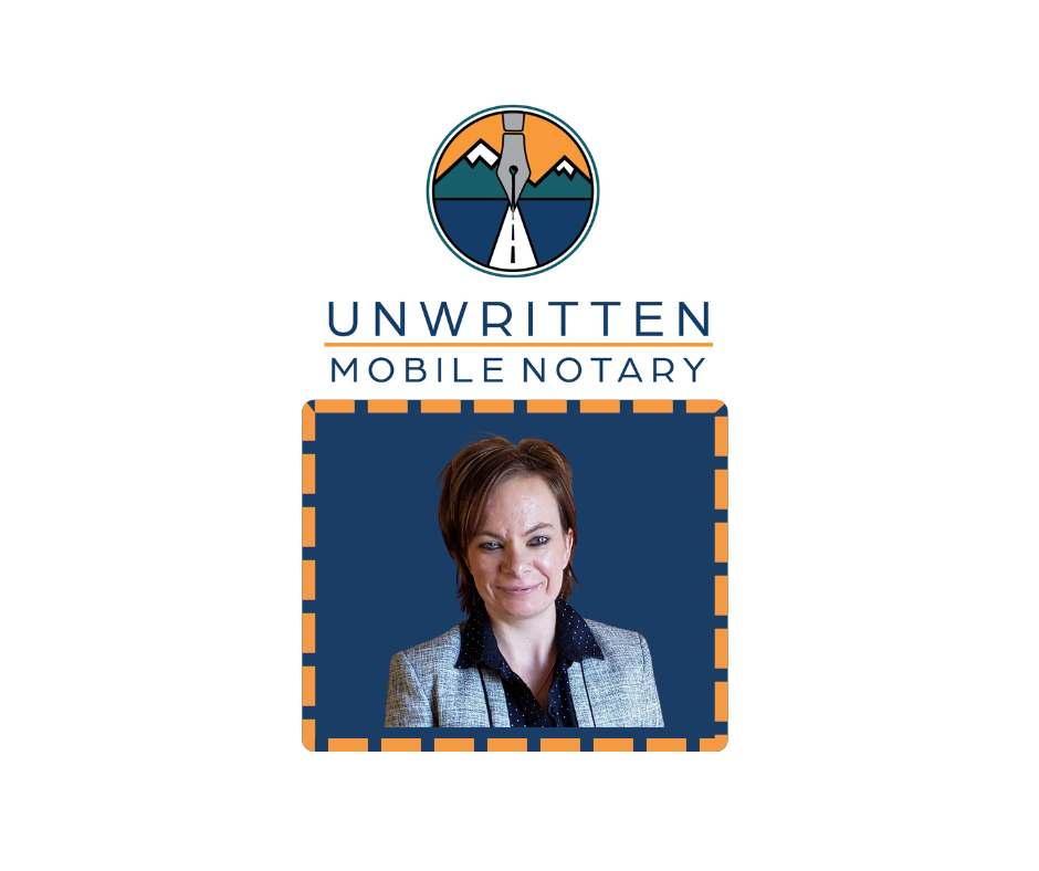 Logo for Unwritten Mobile Notary featuring an illustration of mountains and a bull, with a photo of a woman in a blazer beneath.