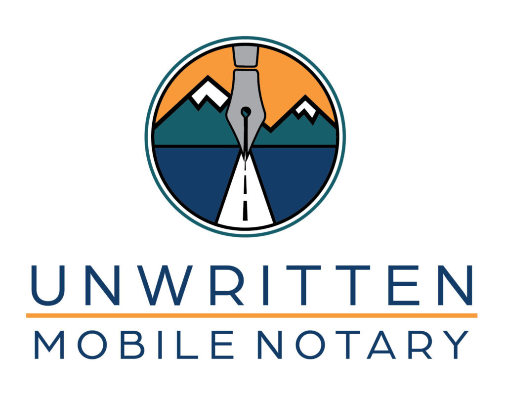 Logo for Unwritten Mobile Notary featuring an image of a pen tip forming a road leading towards mountains within a circular emblem.