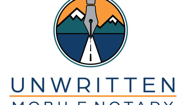 Logo for Unwritten Mobile Notary featuring an image of a pen tip forming a road leading towards mountains within a circular emblem.