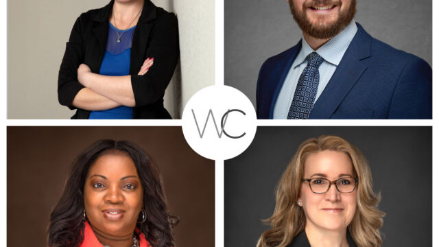 Four professional headshots of diverse individuals, two women and two men, dressed in business attire, against neutral backgrounds.