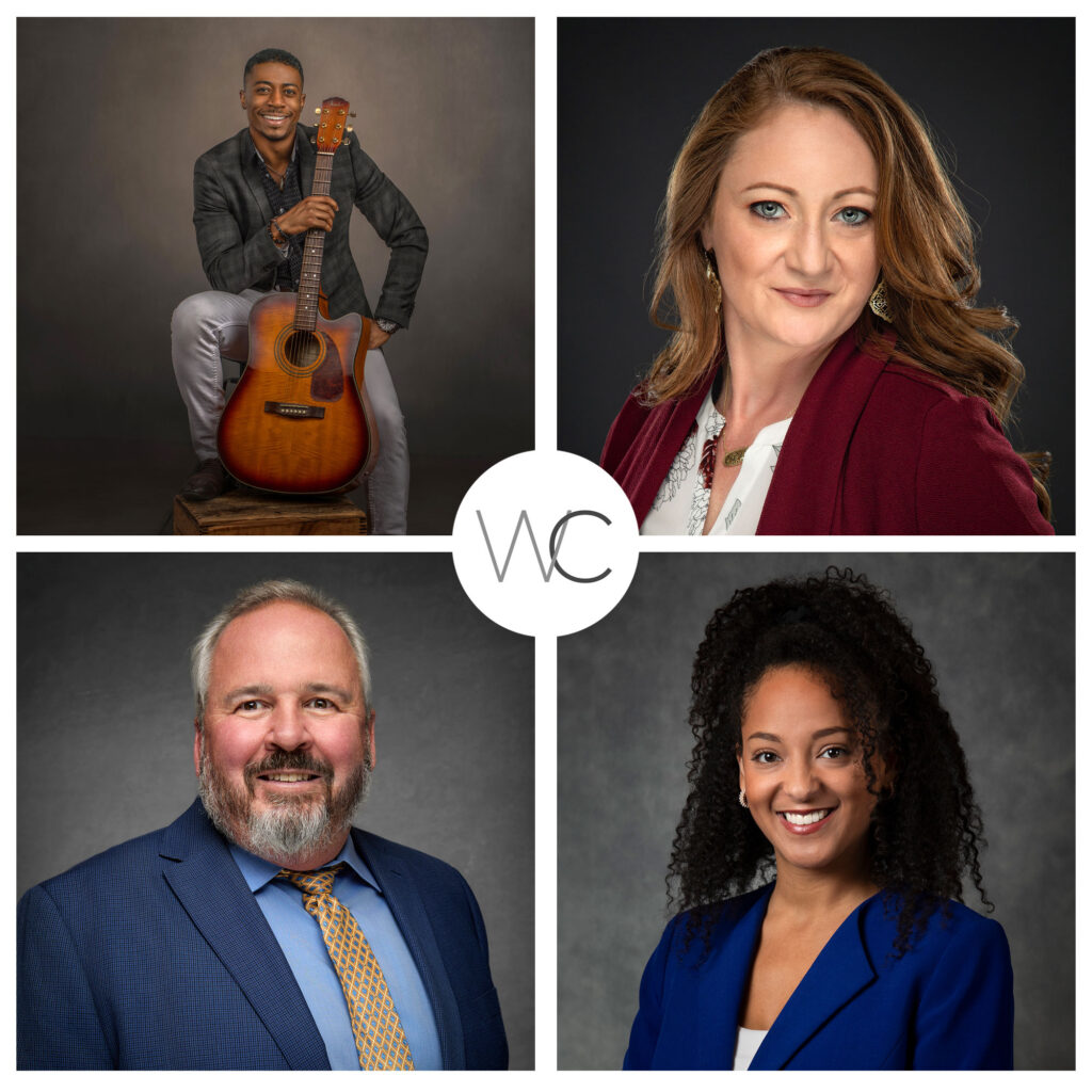 Four professional portraits in a collage: top left, a man with a guitar; top right, a woman in a red blazer; bottom left, a man in a blue suit; bottom right, a woman in a blue blazer.