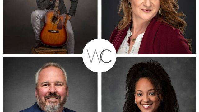 Four professional portraits in a collage: top left, a man with a guitar; top right, a woman in a red blazer; bottom left, a man in a blue suit; bottom right, a woman in a blue blazer.