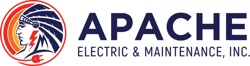 Logo of Apache Electric & Maintenance, Inc. featuring a stylized profile of a person wearing a headdress, with an electric plug and lightning bolt incorporated into the design.