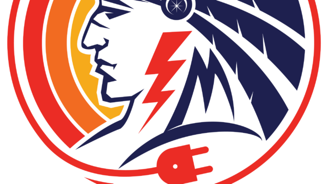 Logo for Apache Electric & Maintenance, Inc. featuring a stylized profile of a person wearing a headdress, with an electric plug and lightning bolt incorporated in the design.