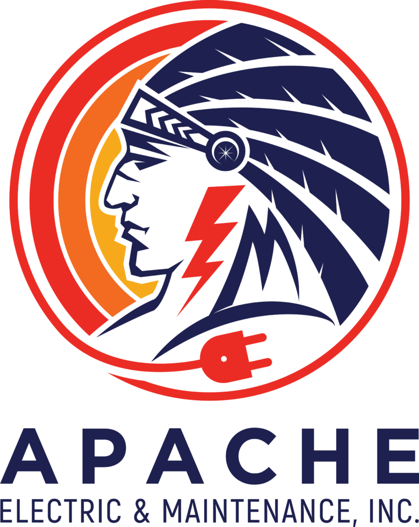 Logo for Apache Electric & Maintenance, Inc. featuring a stylized profile of a person wearing a headdress, with an electric plug and lightning bolt incorporated in the design.