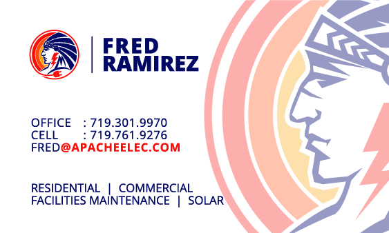 Business card for Fred Ramirez with contact details including office and cell phone numbers, email at FRED@APACHEELEC.COM, and services listed as residential, commercial, facilities maintenance, and solar.