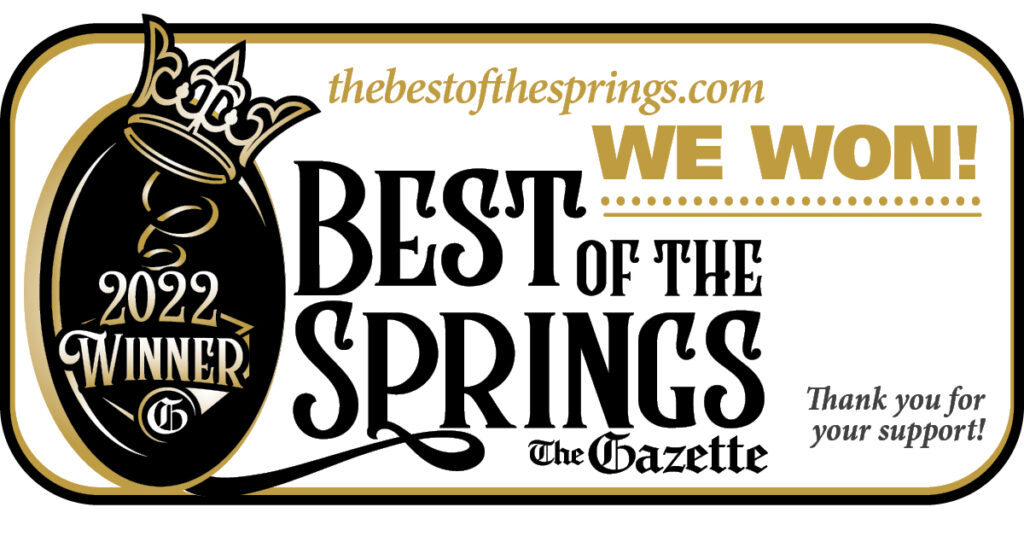 A banner announcing the 2022 Best of the Springs award by The Gazette, featuring the text "We Won!" and "Thank you for your support!" with a crown and 2022 Winner emblem.