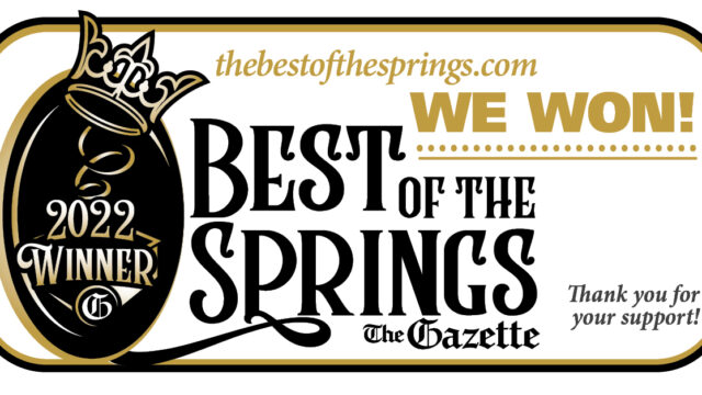 A banner announcing the 2022 Best of the Springs award by The Gazette, featuring the text "We Won!" and "Thank you for your support!" with a crown and 2022 Winner emblem.