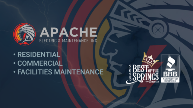 Logo for Apache Electric & Maintenance, Inc. featuring an illustrated profile of a Native American chief along with text highlighting services in residential, commercial, and facilities maintenance.