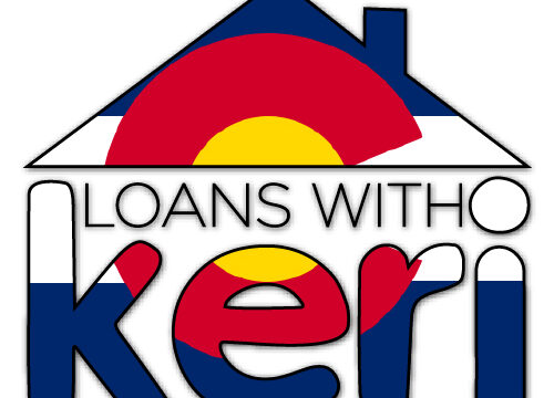 Logo of 'Loans With Keri' featuring the text inside an outline of a house, decorated with elements of the Colorado state flag.