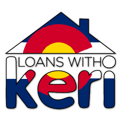 Logo of 'Loans With Keri' featuring the text inside an outline of a house, decorated with elements of the Colorado state flag.