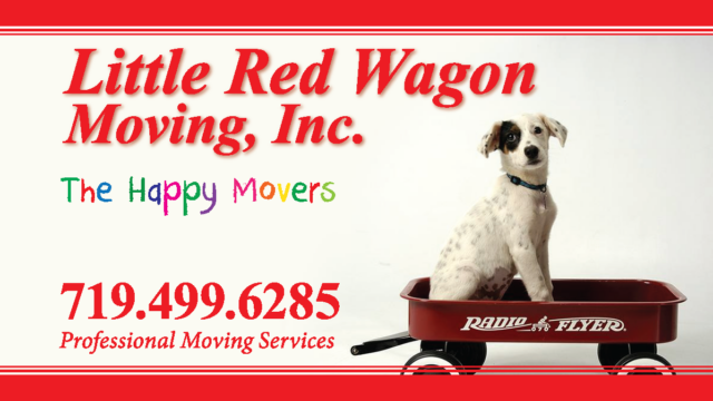 Ad for Little Red Wagon Moving, Inc. with a dog sitting in a Radio Flyer wagon. Includes phone number 719.499.6285 and tagline "The Happy Movers.