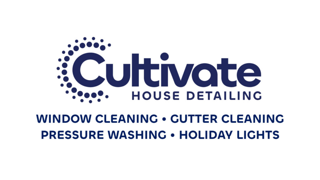 The logo for Cultivate House Detailing with services listed: window cleaning, gutter cleaning, pressure washing, and holiday lights.