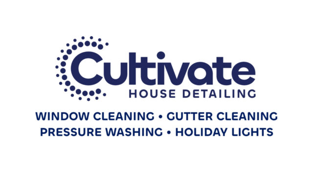 The logo for Cultivate House Detailing with services listed: window cleaning, gutter cleaning, pressure washing, and holiday lights.