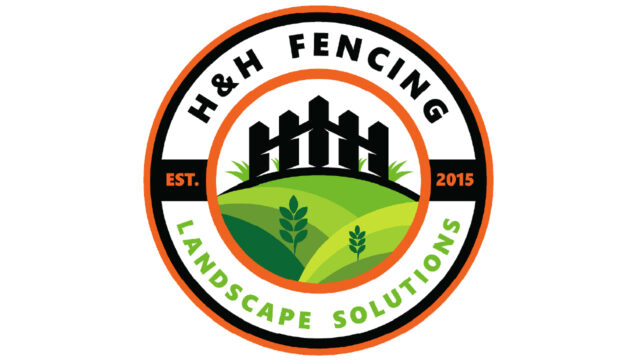 Circular logo for H&H Fencing Landscape Solutions, featuring a stylized fence, green landscape, and the text "Est. 2015" in orange, black, and green colors.