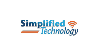 Logo with the words "Simplified Technology," featuring orange signal lines and a wireless signal icon above the word "Technology.