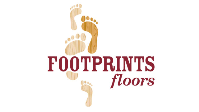 Logo with wood-textured footprints above the words "Footprints floors" in bold maroon text on a white background.