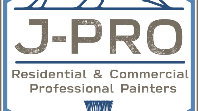Hexagonal logo with blue mountains, "J-PRO" in large letters, and the text "Residential & Commercial Professional Painters" above a paintbrush illustration.
