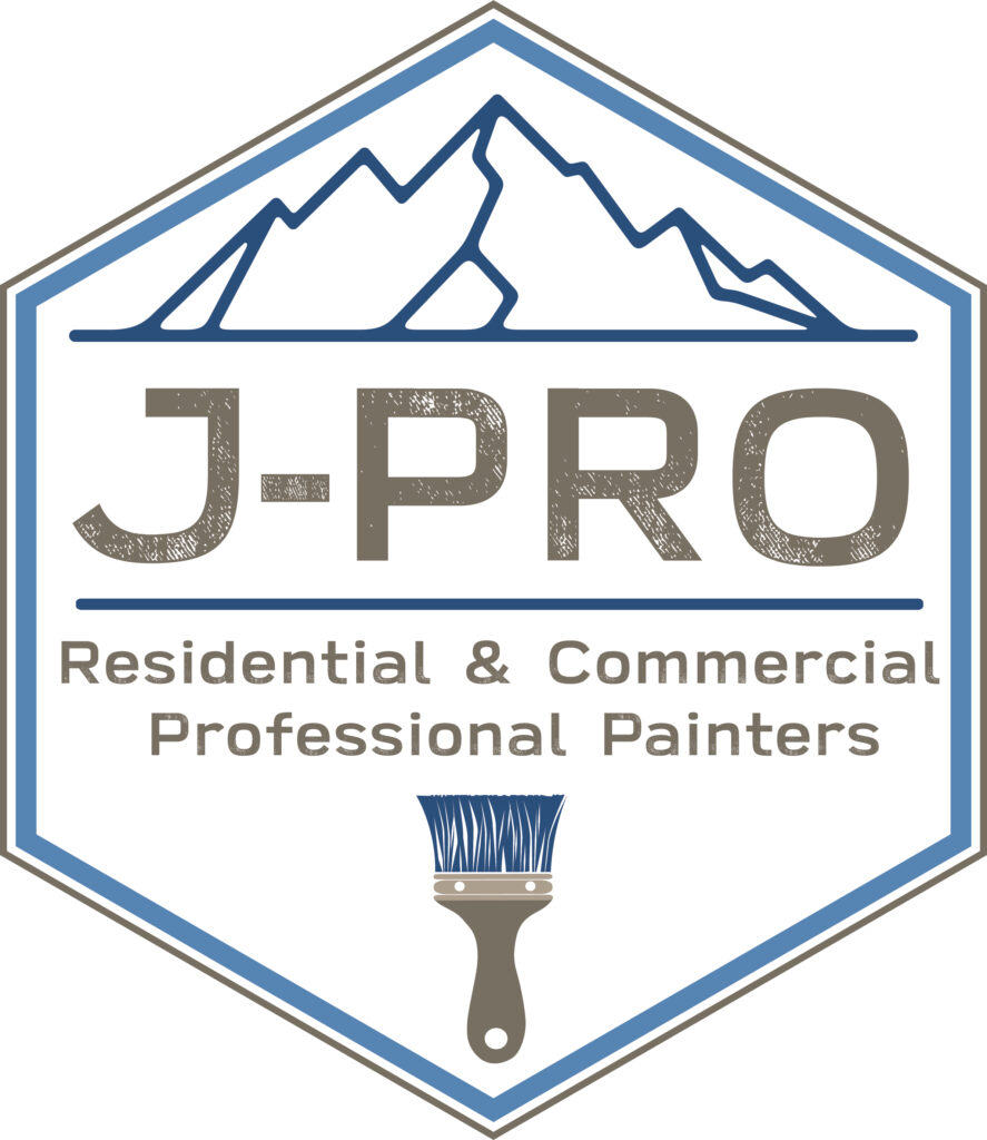 Hexagonal logo with blue mountains, "J-PRO" in large letters, and the text "Residential & Commercial Professional Painters" above a paintbrush illustration.