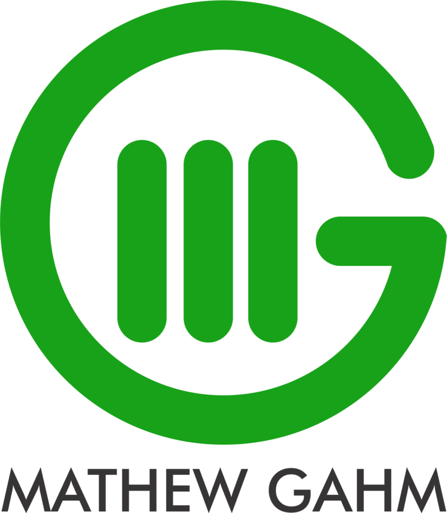 Green stylized "MG" logo inside a circle, with the name "MATHEW GAHM" in black capital letters below.
